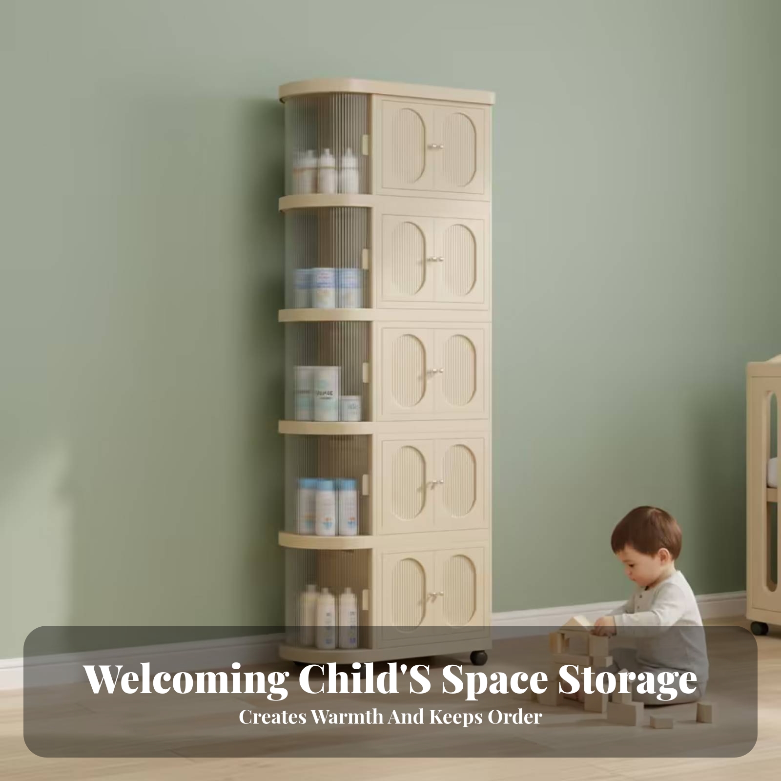 Baby Nursery Shelves - ตู้เก็บของเด็ก 5 ชั้น สีเบจอุ่น ตู้เก็บของเด็กแบบมีล้อ เฟอร์นิเจอร์ห้องเด็กอ่อน