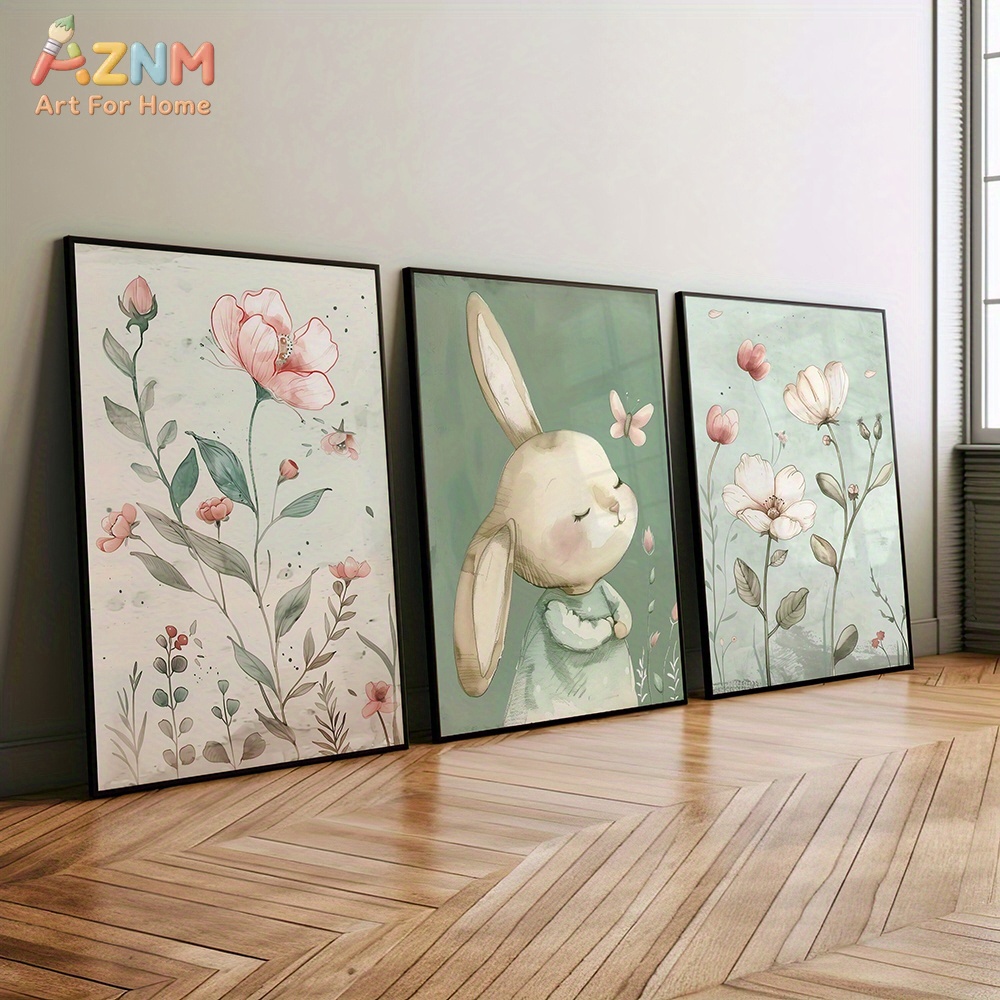 Baby Nursery Picture Frames - 3 ชิ้น ภาพพิมพ์บนผ้าใบลายกระต่ายน่ารักและดอกไม้สีชมพู ภาพวาดสไตล์สีน้ำสำหรับตกแต่งห้องเด็ก ไม่มีกรอบ ภาพตกแต่งบ้านสำหรับเด็ก