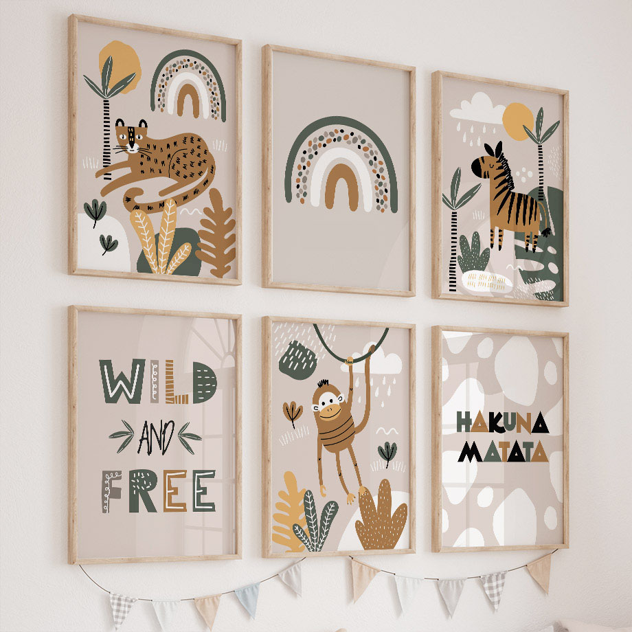Baby Zebra Nursery - ภาพพิมพ์บนผ้าใบลายเสือดาว ม้าลาย ลิง สัตว์ป่าในป่า สำหรับตกแต่งห้องเด็ก ภาพพิมพ์สไตล์นอร์ดิก