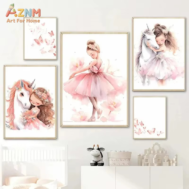 Baby Nursery Pink - 1 ชิ้น, สีชมพูสาวนักบัลเล่ต์ยูนิคอร์นผีเสื้อโปสเตอร์ห้องเด็กตกแต่งผ้าใบโปสเตอร์ศิลปะบนผนังโปสเตอร์ตกแต่งห้องนอนเด็ก