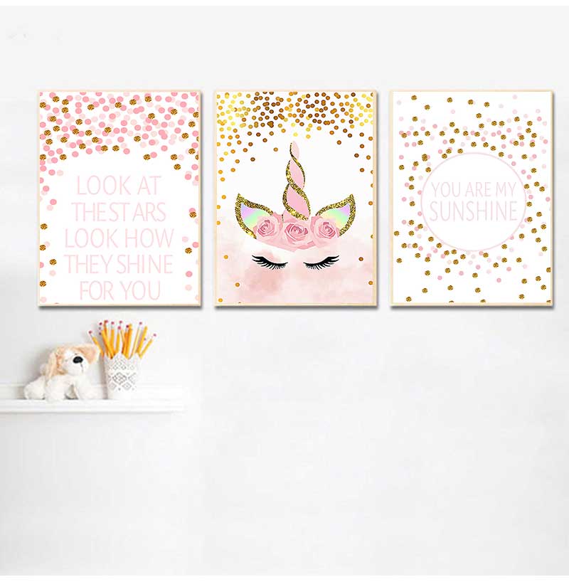 Baby Nursery Pink - ภาพตกแต่งห้องนอนเด็กผู้หญิง ตกแต่งห้องเด็ก ยูนิคอร์นสีชมพู คำคมตกแต่งห้องเด็ก ภาพพิมพ์บนผ้าใบติดผนัง สไตล์นอร์ดิก