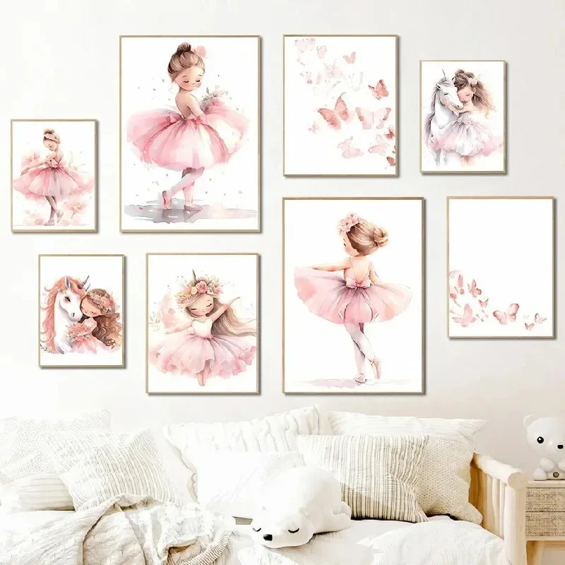 Baby Nursery Pink - สีชมพูบัลเลริน่าสาวยูนิคอร์นผีเสื้อโปสเตอร์ห้องเด็กตกแต่งผ้าใบโปสเตอร์ศิลปะบนผนังเนอสเซอรี่โปสเตอร์ตกแต่งห้องนอนเด็ก