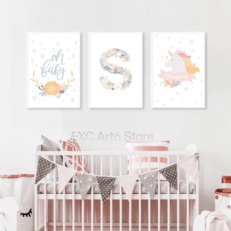 Baby Nursery Pink - ภาพพิมพ์บนผ้าใบลายดอกไม้ ตัวอักษร ยูนิคอร์น แบบไม่มีกรอบ 1 ชิ้น