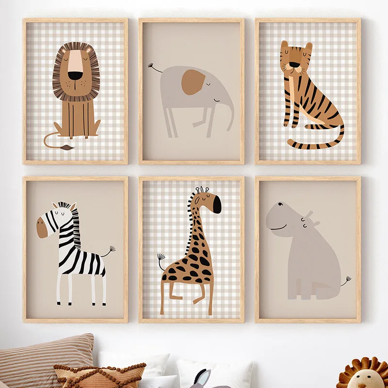 Baby Nursery Picture Frames - (ไม่มีกรอบ) ภาพวาดสัตว์ป่า ลายสิงโต เสือ ช้าง ยีราฟ