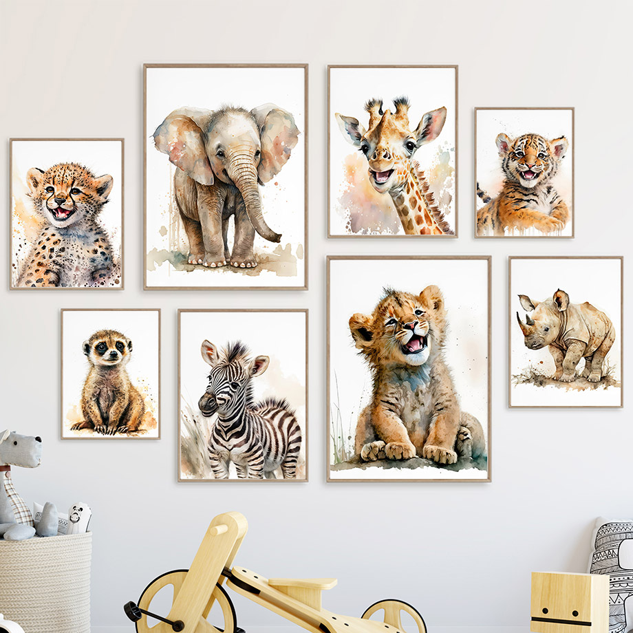 Baby Zebra Nursery - ภาพพิมพ์บนผ้าใบลายสัตว์ในห้องเด็ก ช้าง ยีราฟ สิงโต เสือ ม้าลาย