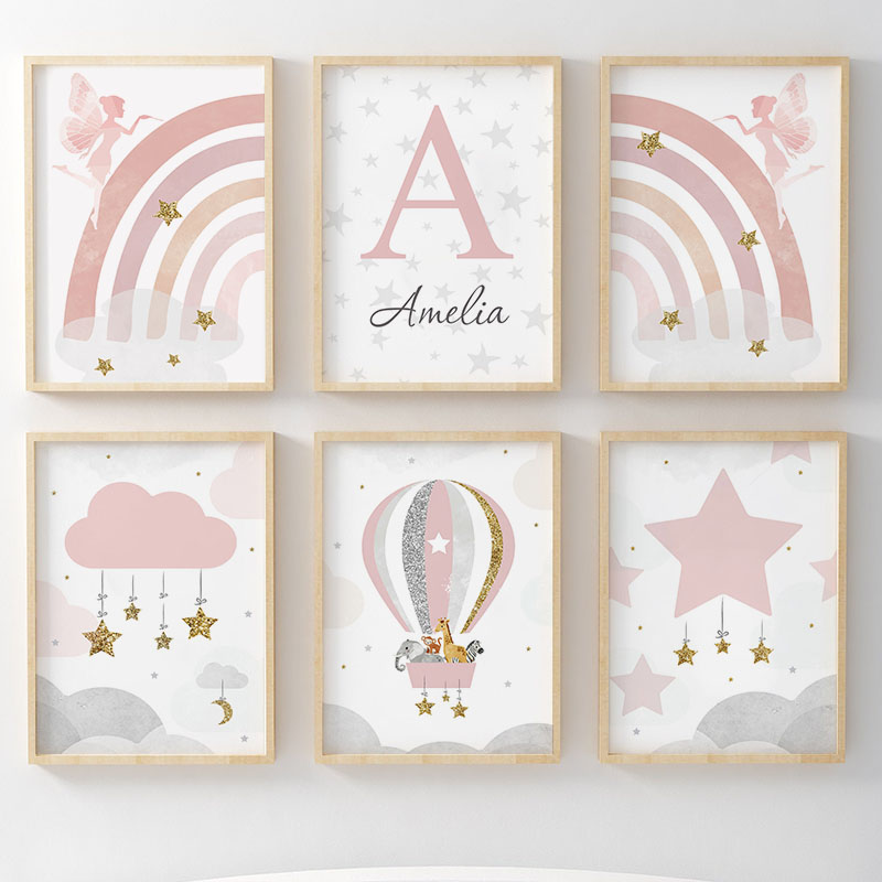 Baby Nursery Pink - ภาพพิมพ์บนผืนผ้าใบลายเด็กผู้หญิงนางฟ้าสีชมพู สายรุ้ง บอลลูน เมฆ ดาว สัตว์ต่างๆ