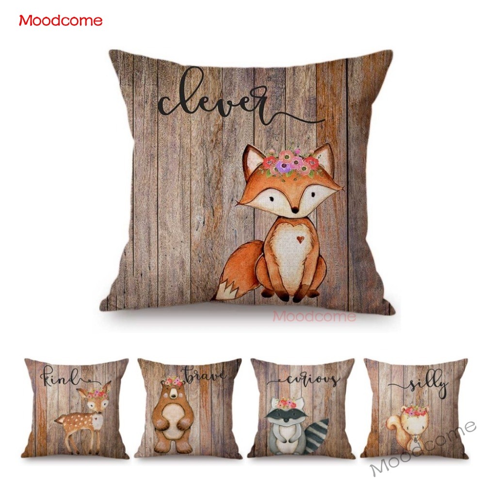 Baby Nursery Cushion - ปลอกหมอนอิงลายสัตว์ป่าน่ารัก ผ้าลายไม้ สำหรับตกแต่งห้องเด็ก ผ้าฝ้ายลินิน ปลอกหมอนอิงสำหรับตกแต่งห้องเด็ก