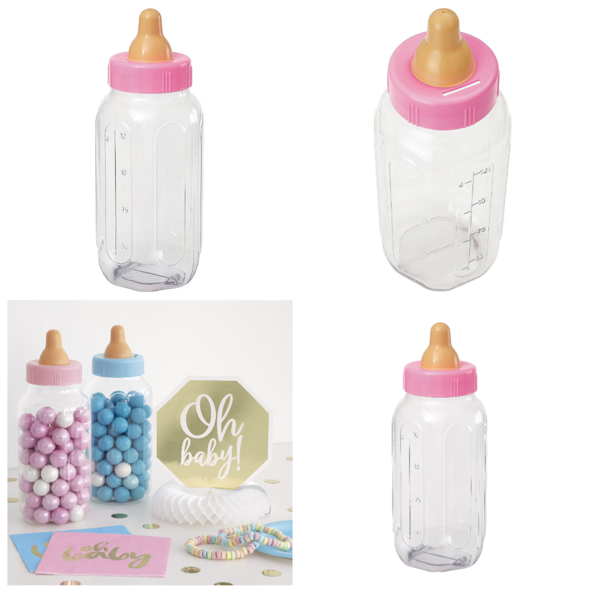 Baby Nursery Keepsake - กระปุกออมสินพลาสติกสีชมพูขนาด 11 นิ้ว รูปขวดนมเด็ก ใส ใส่เหรียญได้
