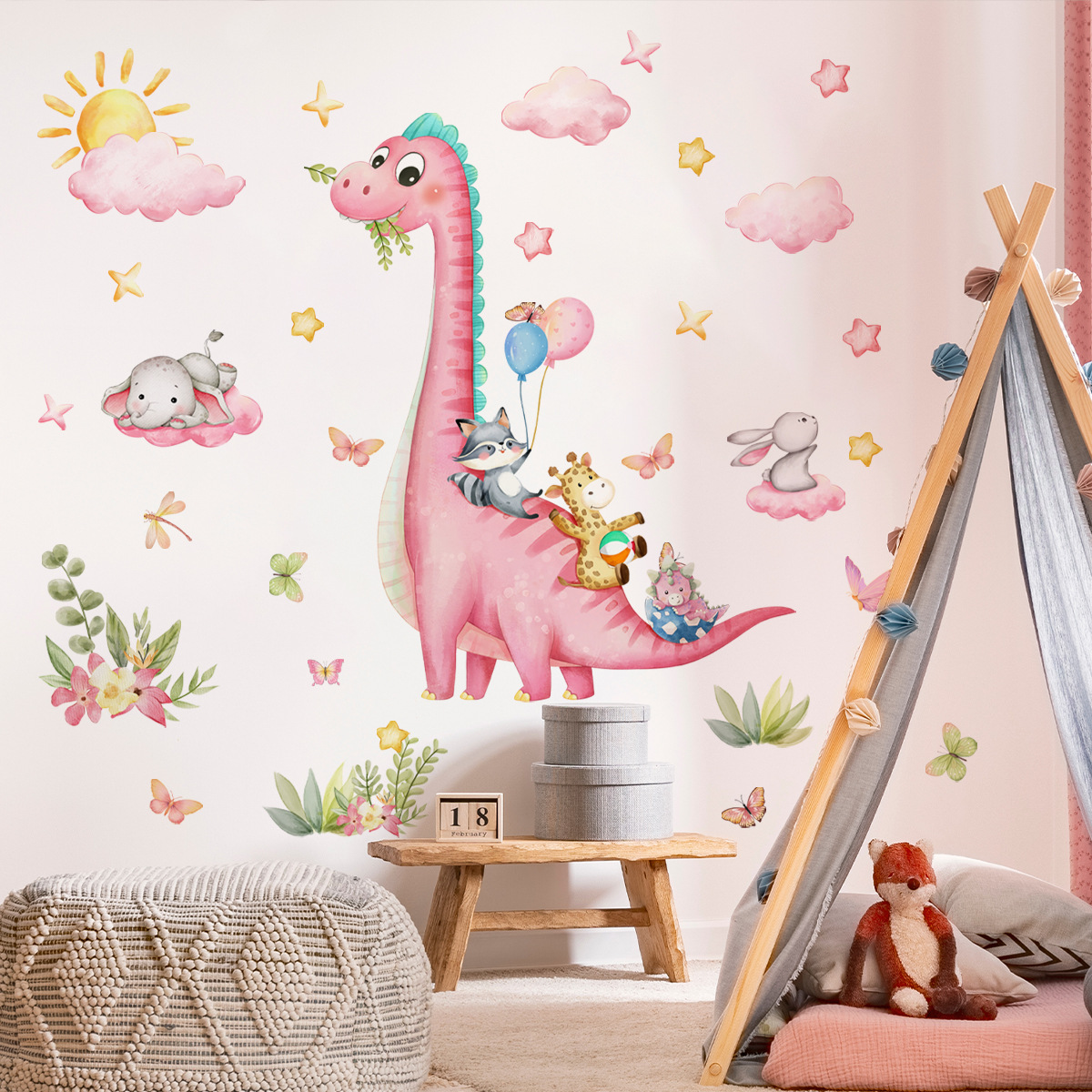 Baby Nursery Pink - การ์ตูนขนาดใหญ่ไดโนเสาร์สีชมพูสัตว์ Park สติ๊กเกอร์ติดผนังไวนิล Cloud Star สําหรับห้องเด็กห้องนอนเด็กเนอสเซอรี่ผนังตกแต่ง