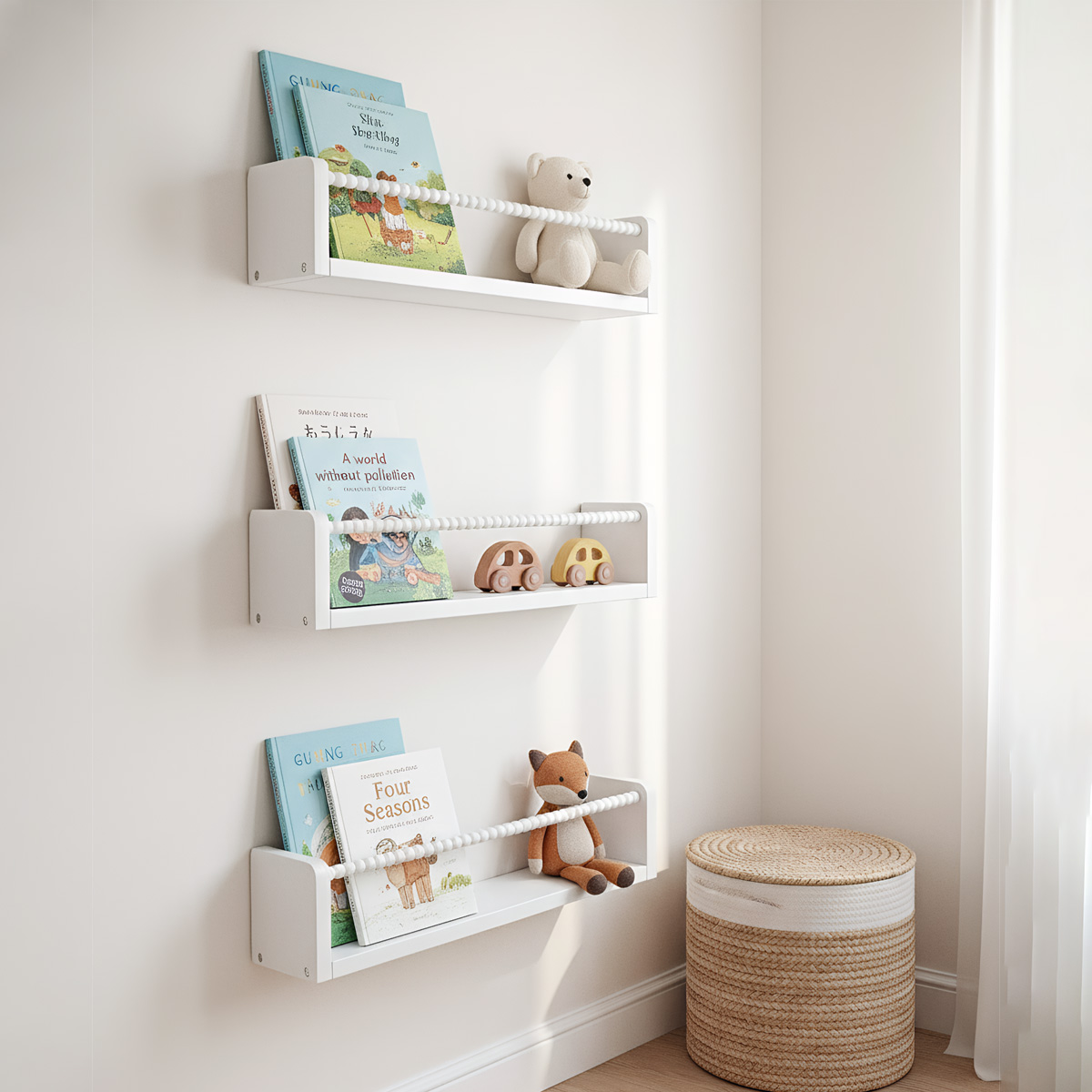 Baby Nursery Shelves - ชั้นวางหนังสือสำหรับห้องเด็ก, ชั้นวางหนังสือไม้แบบแขวนผนังขนาด 15.7 นิ้ว ชุด 3