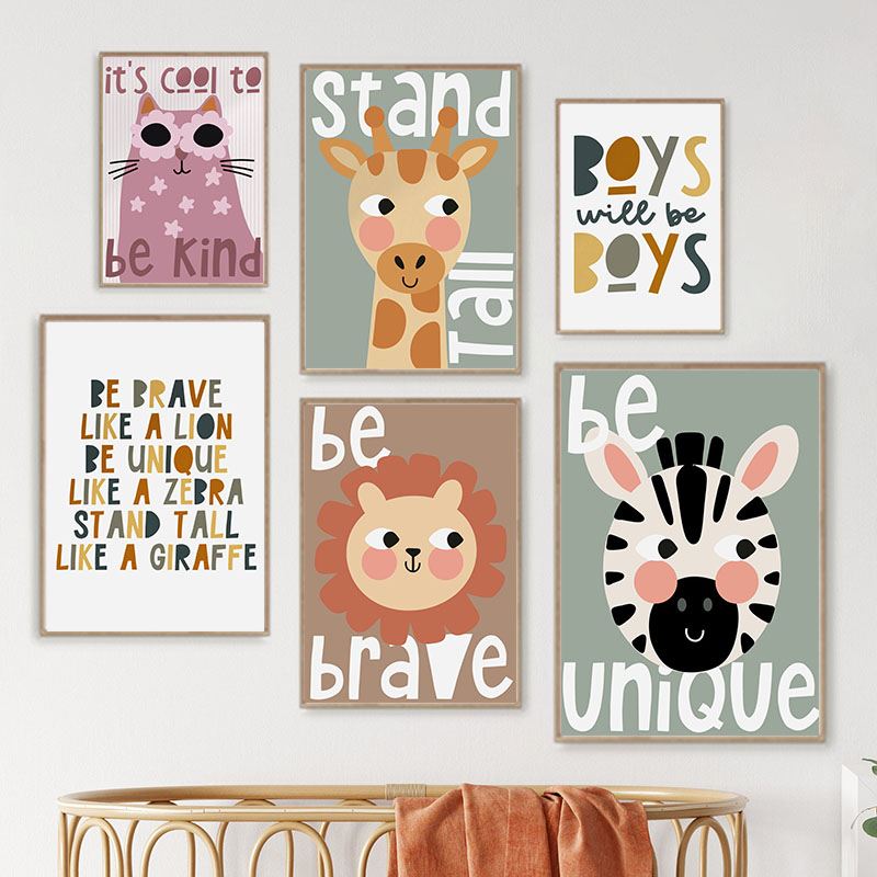 Baby Zebra Nursery - โปสเตอร์สัตว์ตลกๆ ภาพวาดบนผืนผ้าใบสำหรับตกแต่งผนังห้องเด็ก ลายสิงโต ยีราฟ ม้าลาย แมว