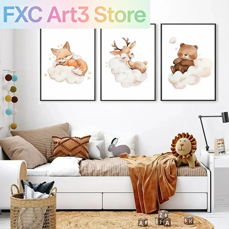 Baby Nursery Picture Frames - ภาพพิมพ์บนผ้าใบลายการ์ตูนรูปสัตว์น่ารัก 1 ชิ้น แบบไม่มีกรอบ รูปแรคคูน สุนัขจิ้งจอก