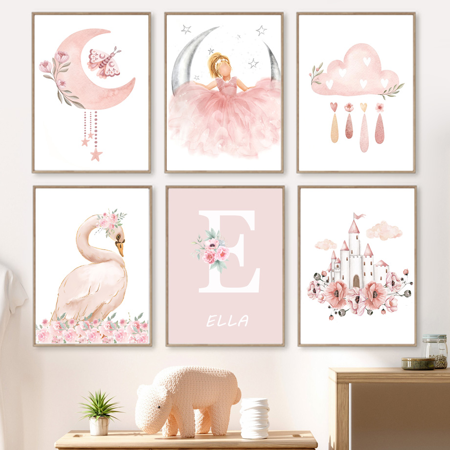 Baby Nursery Pink - ภาพพิมพ์บนผ้าใบลายปราสาทหงส์ พระอาทิตย์ พระจันทร์ เมฆ นางฟ้าสีชมพู สำหรับตกแต่งห้องเด็ก