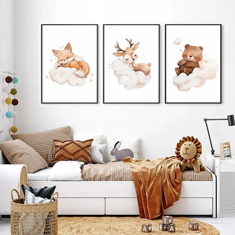 Baby Nursery Picture Frames - ภาพวาดสัตว์บนผ้าใบลายการ์ตูน รูปเมฆ น่ารัก แรคคูน สุนัขจิ้งจอก กวาง