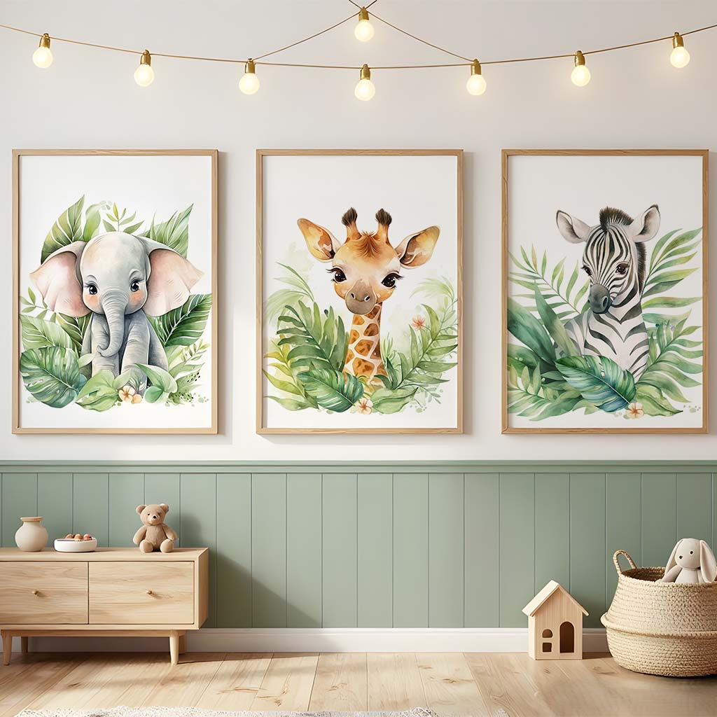 Baby Zebra Nursery - ศิลปะติดผนังสำหรับห้องเด็ก, ภาพวาดบนผ้าใบลายยีราฟ ช้าง ม้าลาย น่ารัก สไตล์ซาฟารี,