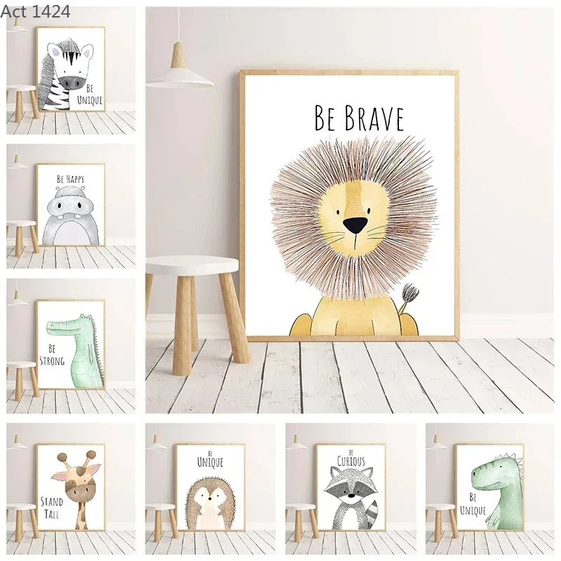 Baby Zebra Nursery - ภาพวาดสัตว์การ์ตูนบนผ้าใบ โปสเตอร์ตกแต่งผนัง ลายสิงโต ไดโนเสาร์ ม้าลาย สำหรับห้องเด็ก