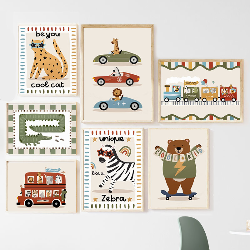 Baby Zebra Nursery - ภาพพิมพ์บนผ้าใบลายการ์ตูนสัตว์ตลกๆ 1 ชิ้น สำหรับตกแต่งผนังห้องเด็ก ลายเสือดาว หมี