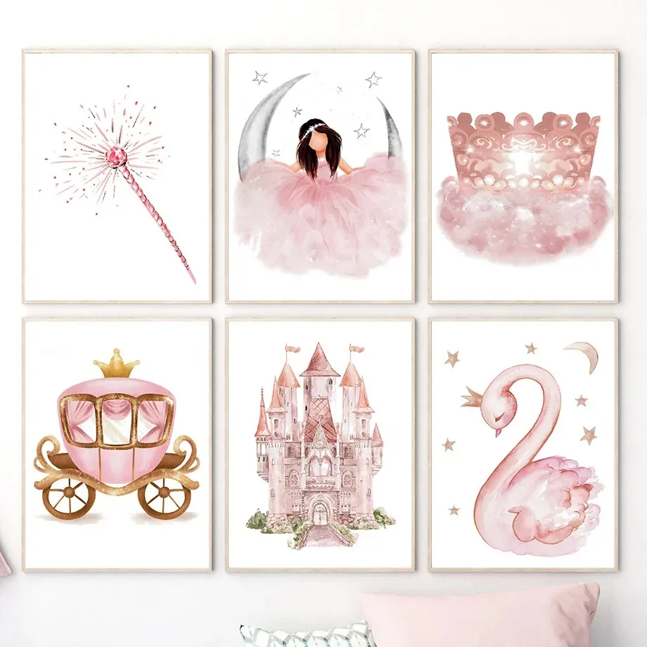 Baby Nursery Pink - ภาพวาดบนผ้าใบ 2 มิติ ภาพพิมพ์ตกแต่งผนัง ลายการ์ตูน ปราสาทหงส์สีชมพู