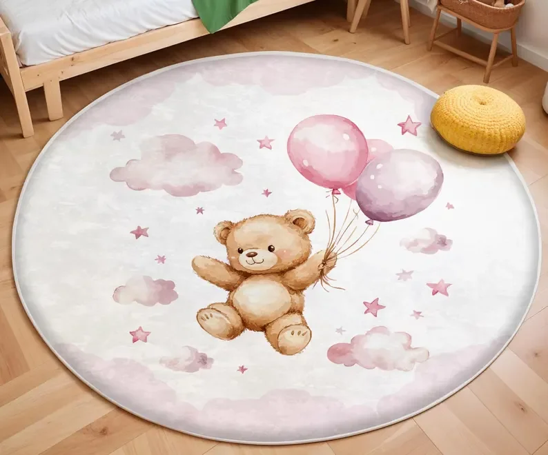 Soft Rug Nursery - พรมกลมลายหมีบอลลูนสีชมพู ตกแต่งห้องเด็กน่ารัก พรมปูพื้นนุ่มกันลื่น