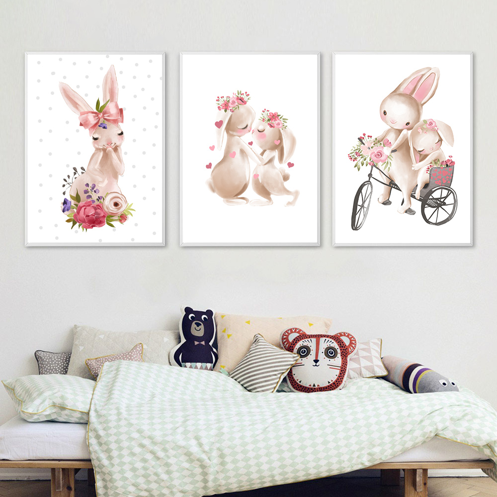 Baby Nursery Pink - ลายพิมพ์สัตว์กระต่าย โปสเตอร์ดอกไม้สีชมพู ภาพพิมพ์ติดผนังห้องเด็กสำหรับตกแต่งห้องเด็กผู้หญิง