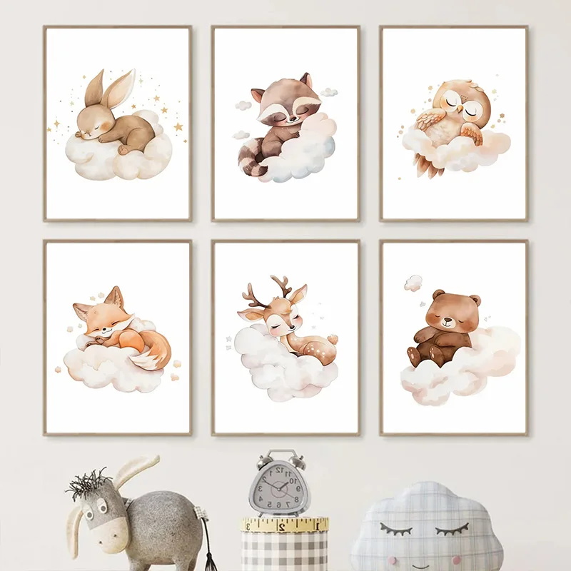 Baby Nursery Picture Frames - ภาพวาดสัตว์บนผ้าใบลายการ์ตูน รูปเมฆน่ารัก แรคคูน สุนัขจิ้งจอก กวาง สำหรับตกแต่งห้องนอนเด็ก