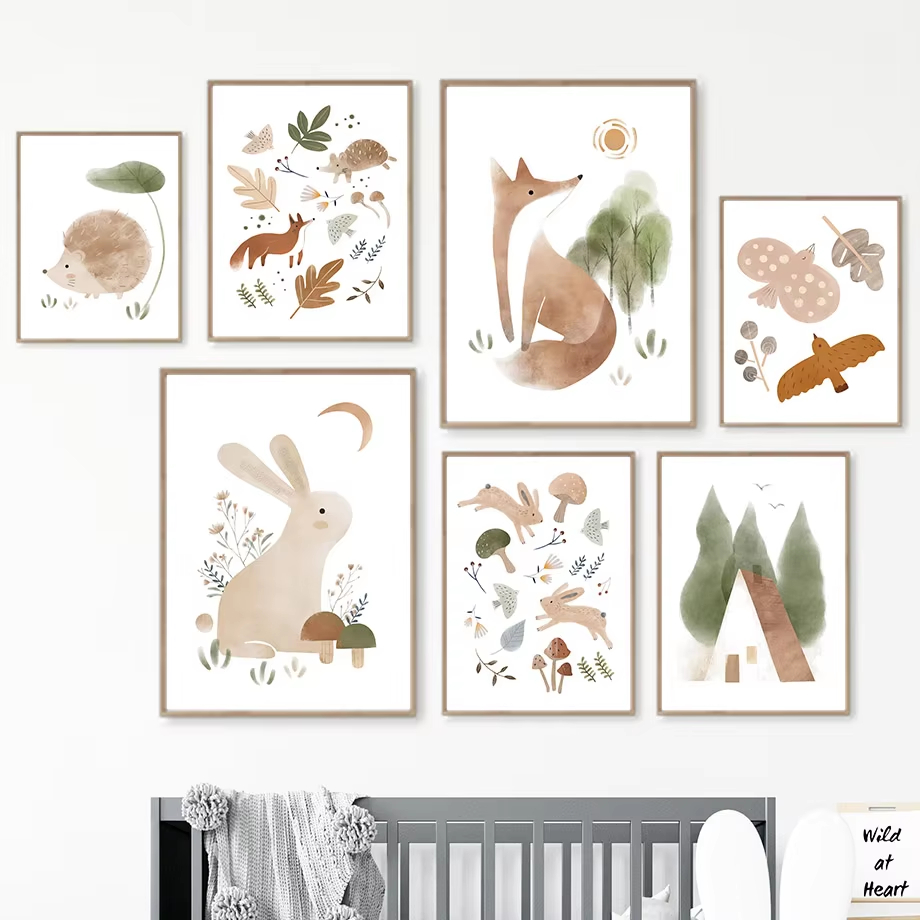 Baby Nursery Picture Frames - 1 ชิ้น (ไม่มีกรอบ) ภาพพิมพ์บนผ้าใบลายกระต่าย จิ้งจอก เม่น