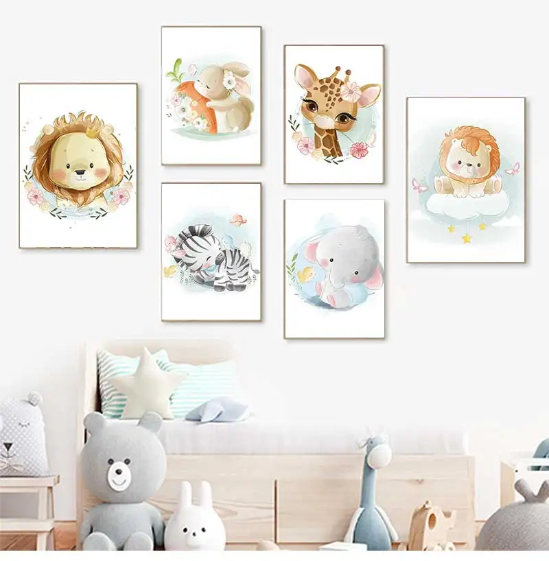 Baby Zebra Nursery - ภาพวาดติดผนังรูปยีราฟ สิงโต สุนัขจิ้งจอก กระต่าย ม้าลาย น่ารัก