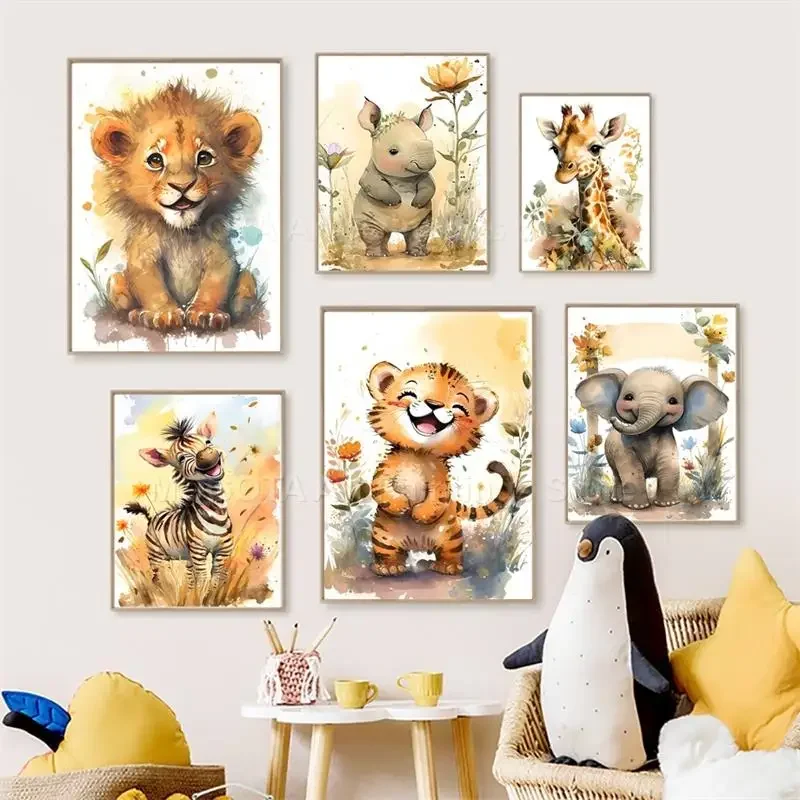 Baby Zebra Nursery - สีน้ำสิงโตยีราฟเสือช้างม้าลายเนอสเซอรี่ศิลปะบนกำแพงภาพวาดผ้าใบสัตว์โปสเตอร์พิมพ์ภาพเด็กทารกเด็กตกแต่งห้อง