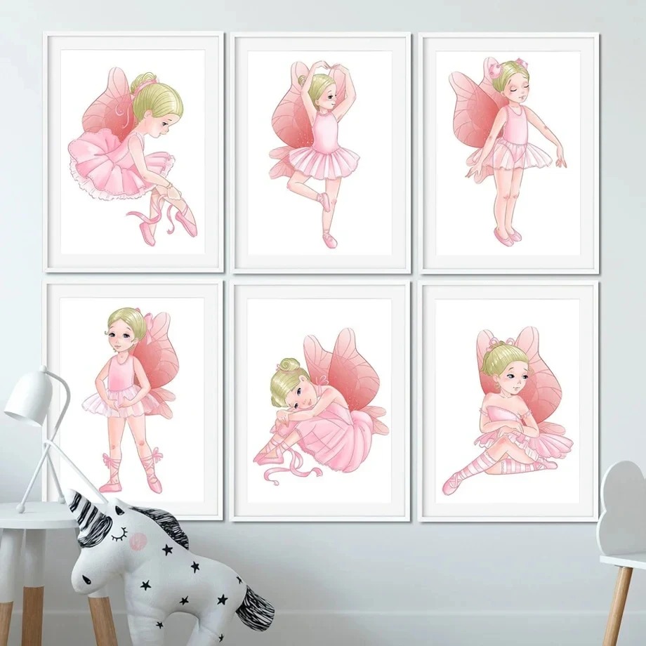 Baby Nursery Pink - ภาพวาดบนผืนผ้าใบลายเด็กหญิงบัลเลต์สีชมพู ศิลปะตกแต่งผนังห้องเด็ก โปสเตอร์และภาพพิมพ์สไตล์นอร์ดิก ภาพการ์ตูนติดผนัง ของตกแต่งห้องเด็ก