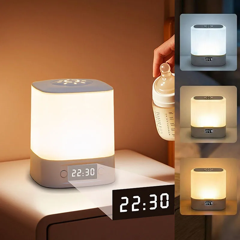 Baby Nursery Light - ไฟ LED กลางคืนแบบตั้งโต๊ะ, โคมไฟข้างเตียงแบบสัมผัสพร้อมรีโมทคอนโทรล, ไฟกลางคืนแบบพกพาสำหรับเด็กทารกและเด็กเล็กพร้อมนาฬิกา, ปรับความสว่างได้