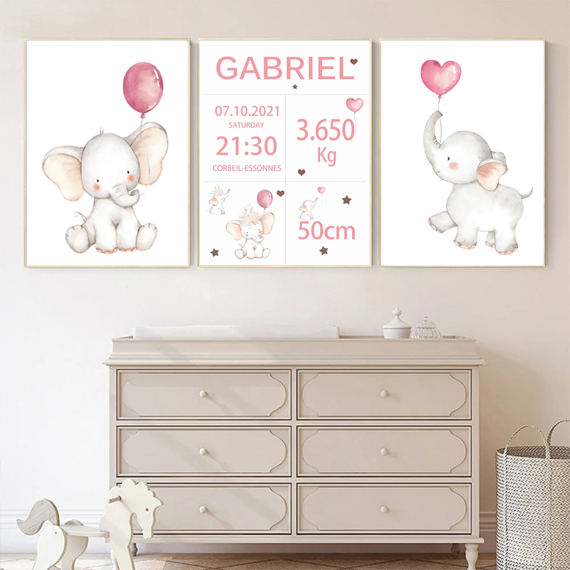 Baby Nursery Pink - เด็กสีชมพูที่กําหนดเองชื่อวันที่เกิดภาพวาดผ้าใบบอลลูนช้างดอกไม้โปสเตอร์ศิลปะเด็กภาพ Nordic เนอสเซอรี่ Decor