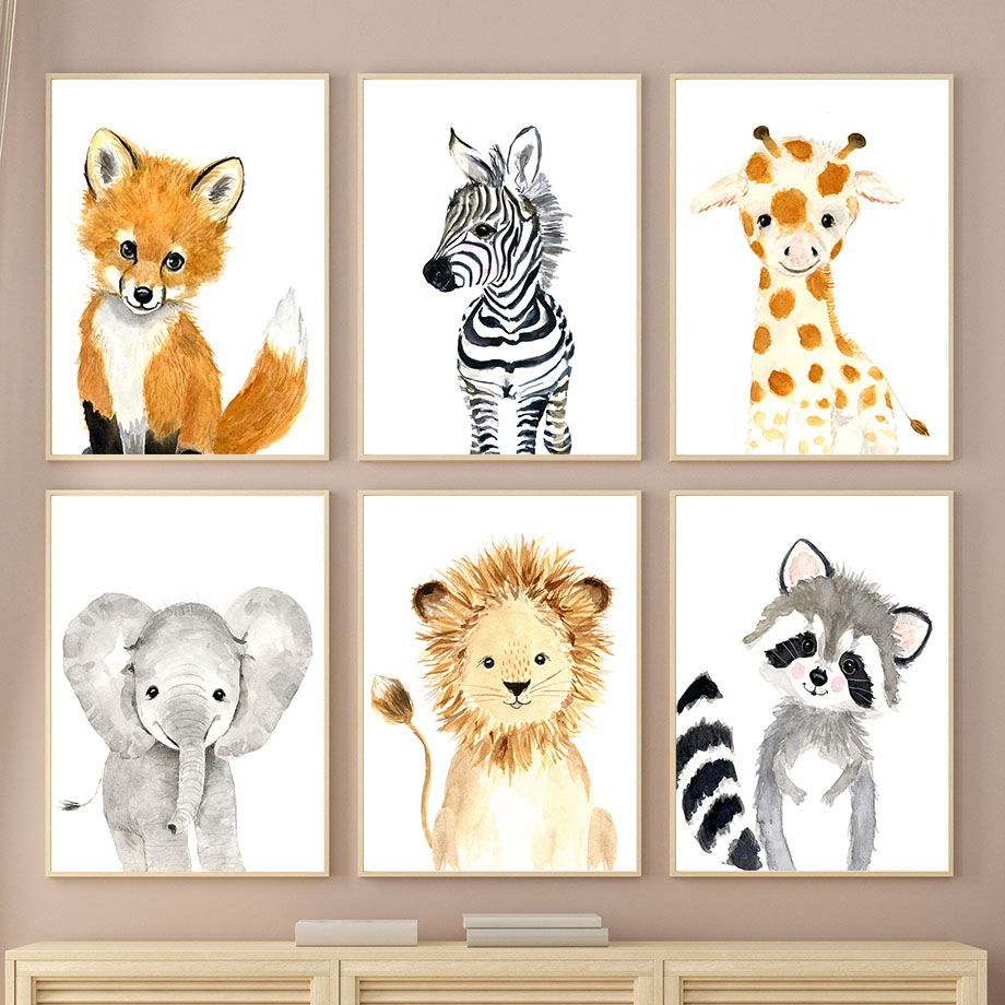 Baby Zebra Nursery - โปสเตอร์ตกแต่งห้องเด็กสไตล์โบโฮ ลายแรคคูน ช้าง สิงโต สุนัขจิ้งจอก ม้าลาย