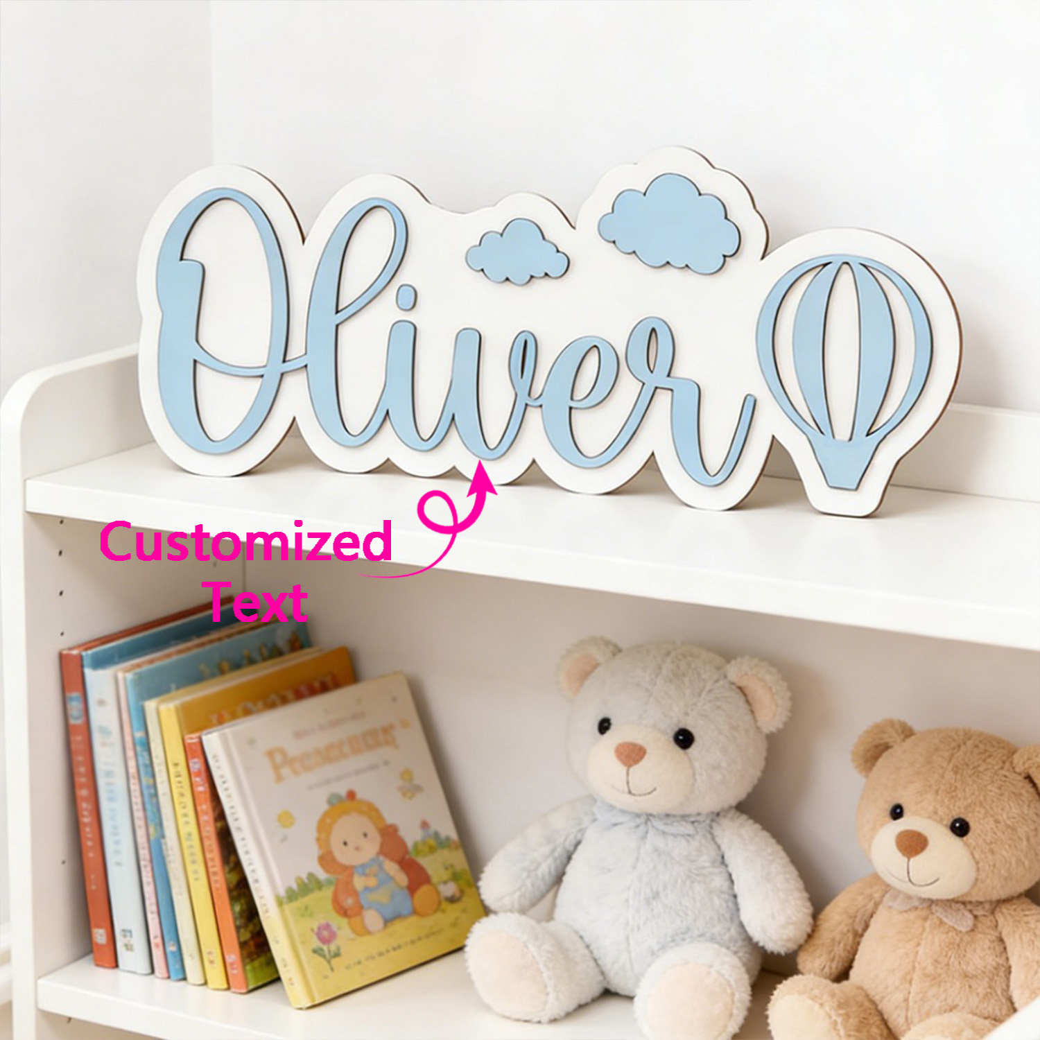 Baby Nursery Usa - ป้ายชื่อห้องรูปบอลลูนลมร้อนและเมฆแบบปรับแต่งได้, ป้ายไม้สีฟ้าพาสเทลที่สามารถปรับแต่งได้, ของตกแต่งห้องนอนเด็ก, ของขวัญแสนหวาน
