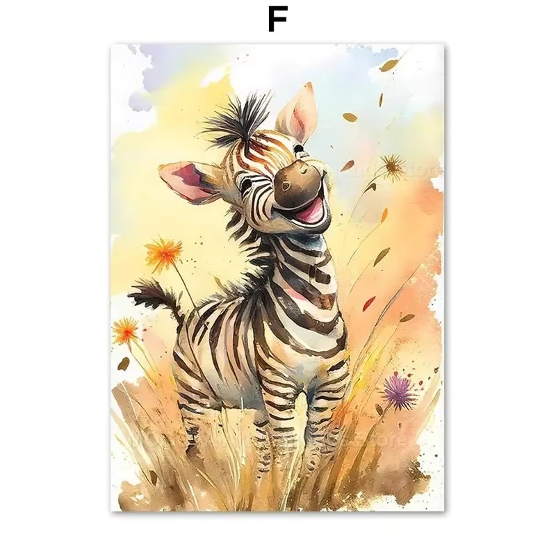 Baby Zebra Nursery - ภาพวาดสีน้ำ ลายสิงโต ยีราฟ เสือ ช้าง ม้าลาย