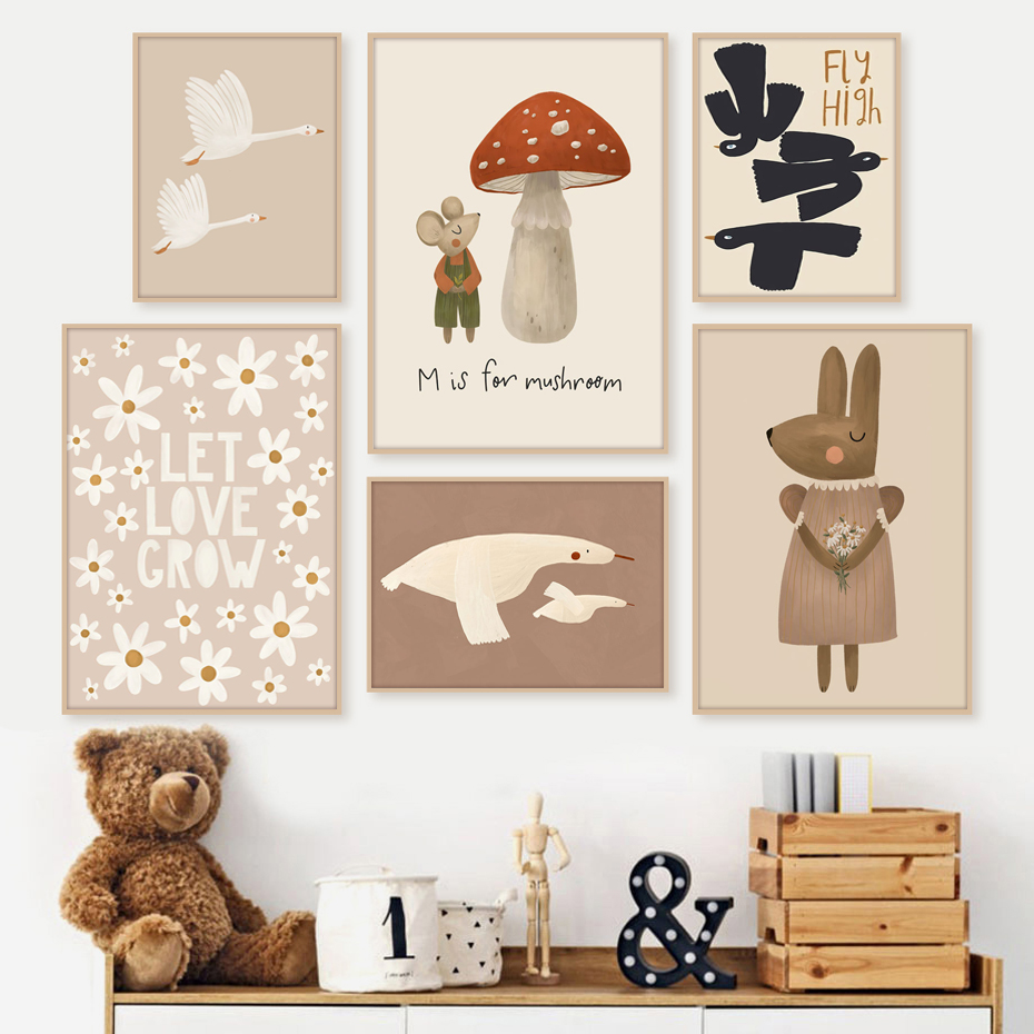 Baby Nursery Picture Frames - Boho โปสเตอร์การ์ตูนรูปหนูและห่านกระต่ายภาพวาดผ้าใบศิลปะบนผนังโปสเตอร์นอร์ดิกย้อนยุคภาพติดผนังของตกแต่งห้องเด็กเล็ก