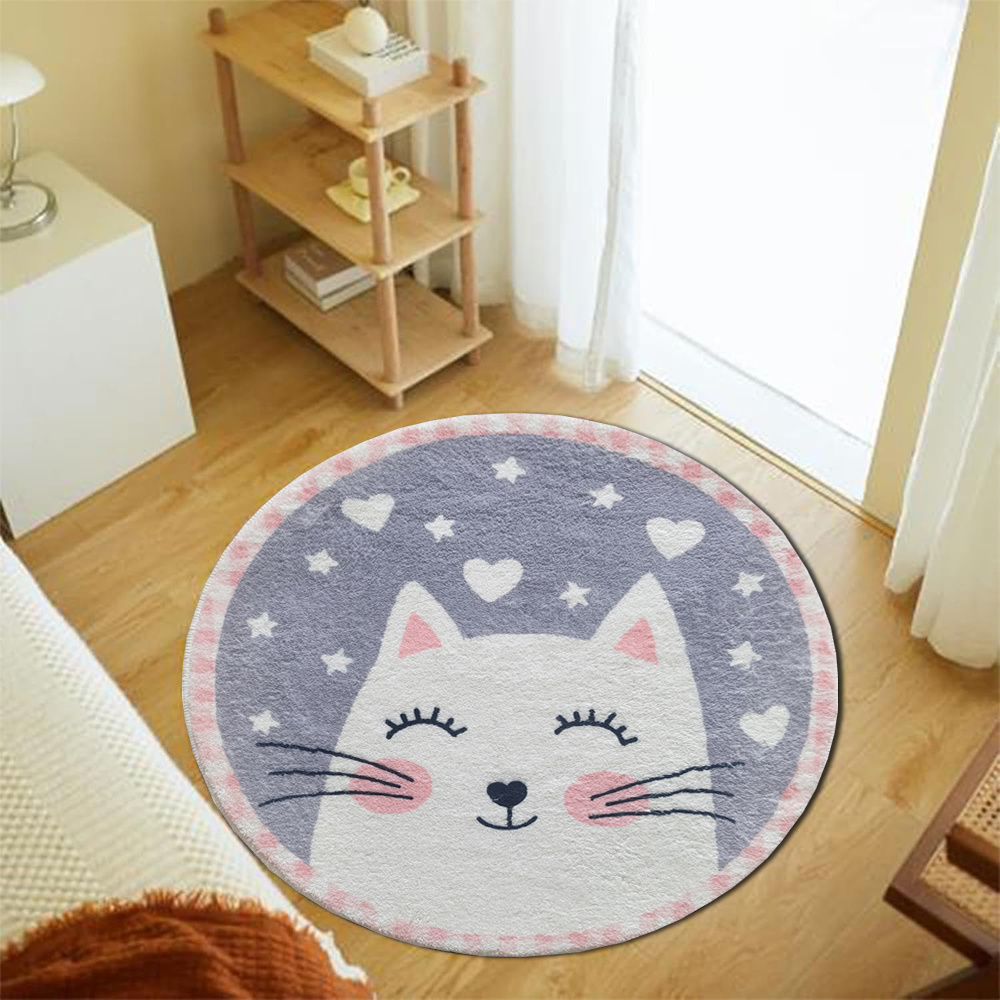 Soft Rug Nursery - พรมกลมลายแมวน่ารัก พรมปูพื้นนุ่มสำหรับห้องนอนเด็ก ตกแต่งห้องเด็ก พรมลายการ์ตูนสัตว์ ตกแต่งภายในบ้าน