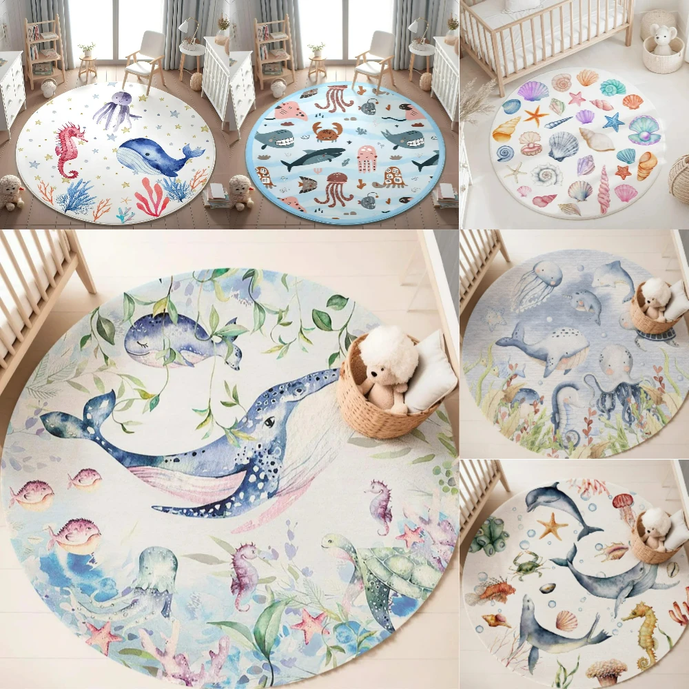 Soft Rug Nursery - พรมลายสัตว์ทะเลสีฟ้า สำหรับห้องนั่งเล่น ห้องเด็กผู้หญิง ห้องเด็กเล่น ห้องนอน พรมนุ่ม