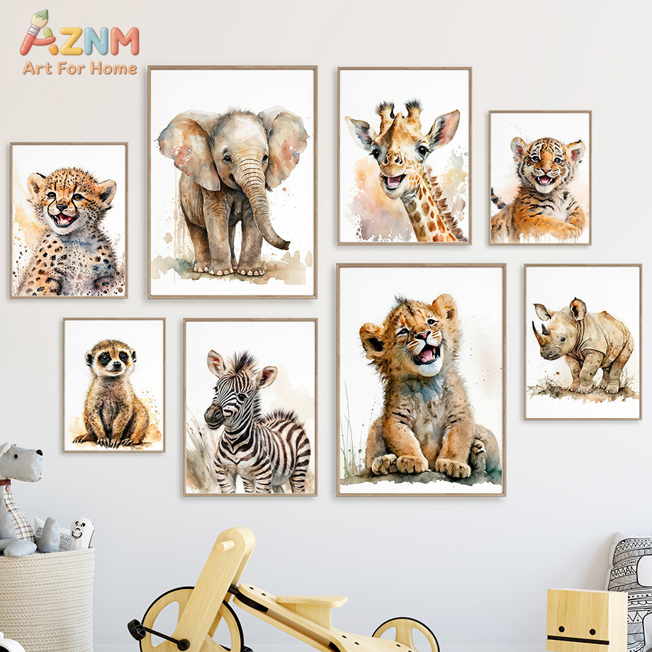 Baby Zebra Nursery - AZNm ภาพวาดสีน้ำสัตว์เด็กน้อยในซาฟารี ภาพพิมพ์ตกแต่งผนังแบบไม่มีกรอบ พร้อมลายช้าง ยีราฟ เสือ