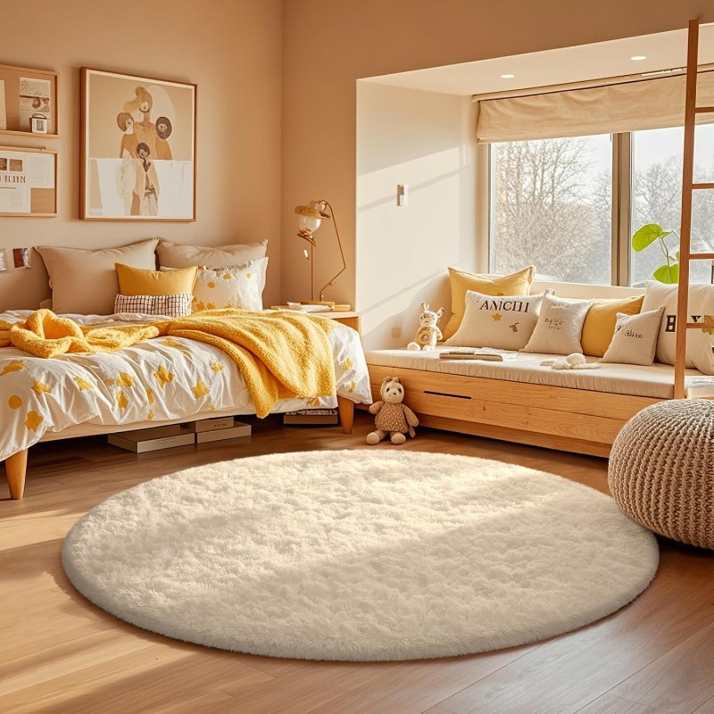 พรมกลมสีครีมขาว นุ่มฟู ขนยาว ส - Soft Rug Nursery บทวิจารณ์และราคา