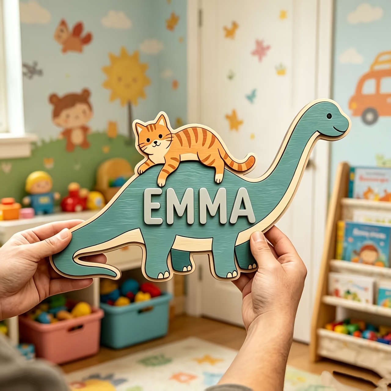 ป้ายชื่อห้องรูปแมวขี่ไดโนเสาร์ - Baby Nursery Usa บทวิจารณ์และราคา